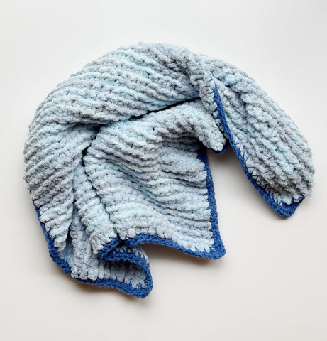 Hand Knit Baby Blanket - Mixed Blues - Crochet Border